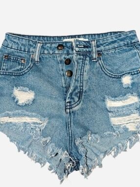 Women's Light Blue Distressed High-Rise Jean Shorts